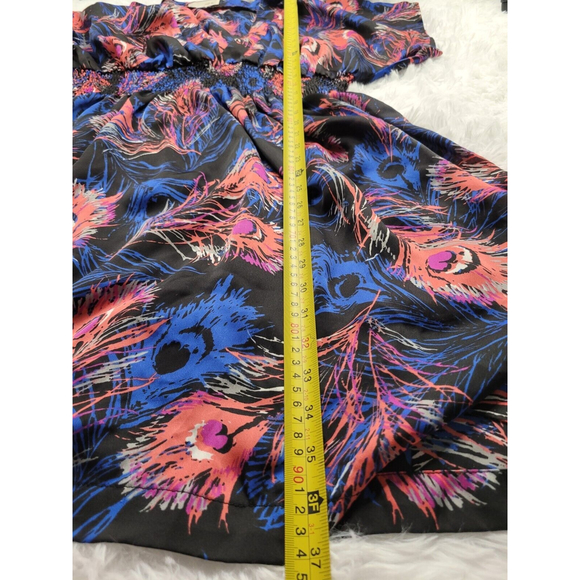 [275]Faith 21 Plus Sz 3X Black Blue Pink Feather Pattern Waist Fit Short Dress - Picture 5 of 7